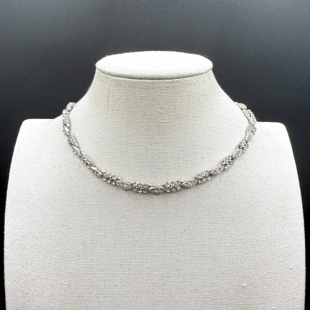 Silver Tone Rhinestone Marquise Floral Choker Necklace Crystal Bridal Jewelry